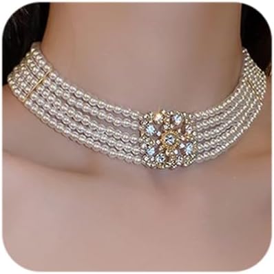 Octwine 1920s Dainty Boho Rhinestones Pearls Short Choker Necklace