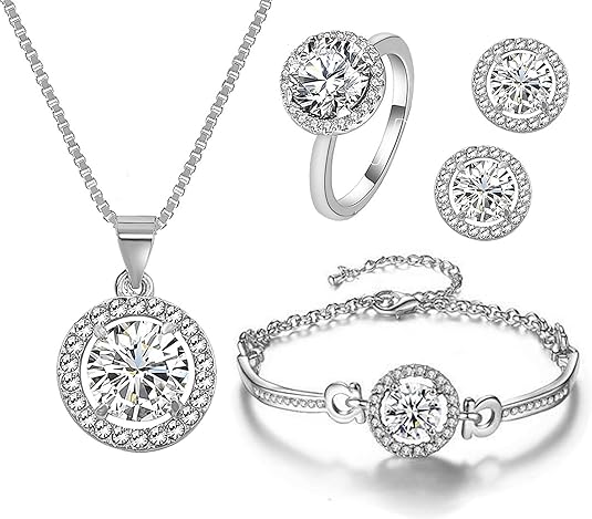 Women 4Pieces Cubic Zirconia Jewellery Set Rhinestone Necklace Earrings Bracelet Ring