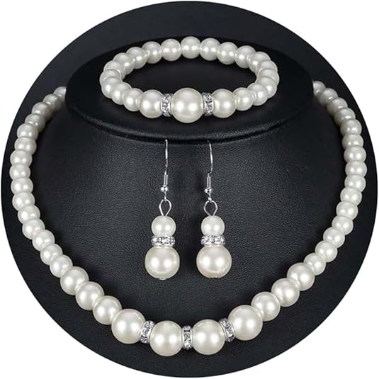 Faux Pearl Jewelry Sets for Women Imitation Beaded Pearl Necklace Bracelet Stud Earrings for Women