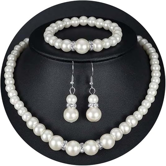 Faux Pearl Jewelry Sets for Women Imitation Beaded Pearl Necklace Bracelet Stud Earrings for Women