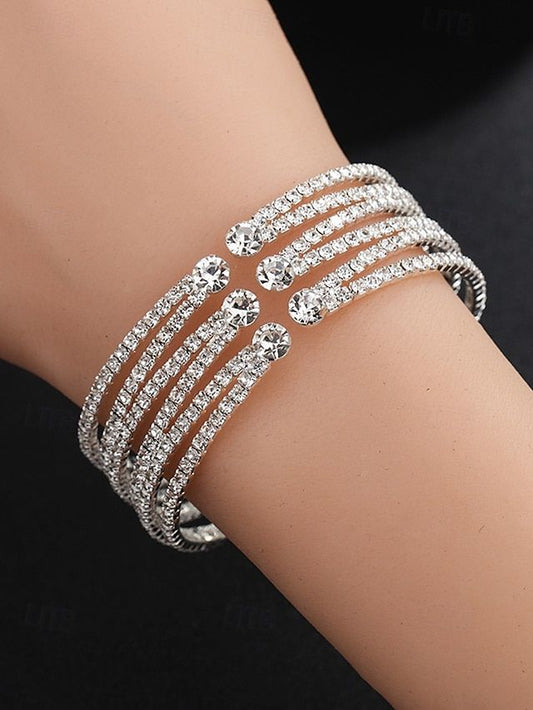 Multi-Layer Sparkling Diamond/Crystal Open Cuff Bracelet